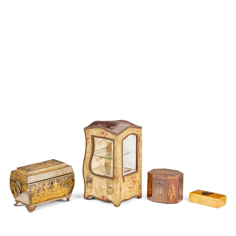 A Regency penwork tea caddy (4): A Regency penwork tea caddy Of sarcophagus form with twin gilt brass handles, raised on lion paw bracket feet, the interior fitted with two lidded compartments, together with a George III octagonal ma