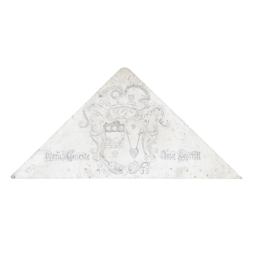 An 18th century triangular marble over door crest Supraporte Carved Patrick Graeme & Jean Pears...: An 18th century triangular marble over door crest Supraporte Carved Patrick Graeme & Jean Pearson, 1739 Of triangular form, carved with the motto 'A Deo Victoria' and 'Rather Die than Disloyal' above 