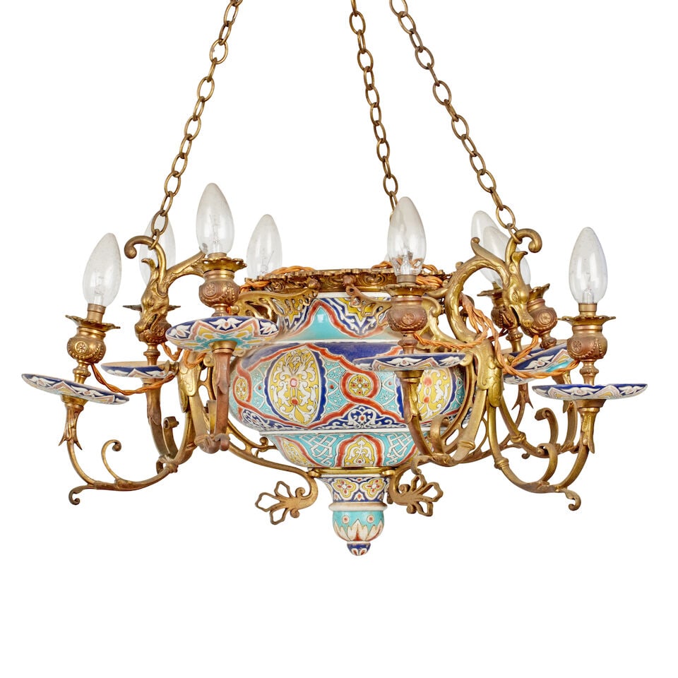 A nine-light earthenware and gilt metal electrolier, 20th century (1 of 2)