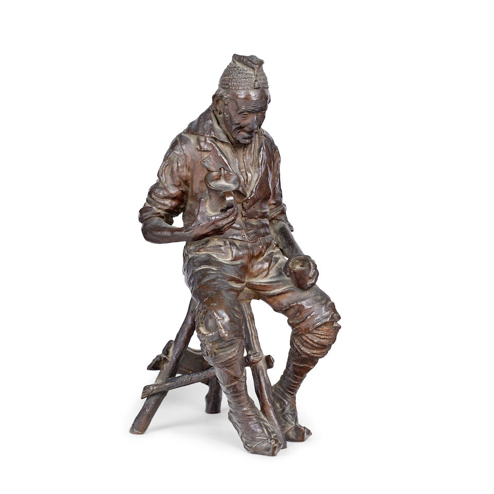 Pascquale Fosca (Italian, born 1858-1929): Anziano bevitore in costume ciociaro, Bronze: Pascquale Fosca (Italian, born 1858-1929): Anziano bevitore in costume ciociaro, Bronze Signed to the rear, 15cm wide, 14cm deep, 30cm high (5 1/2in wide, 5 1/2in deep, 11 1/2in high) For further info