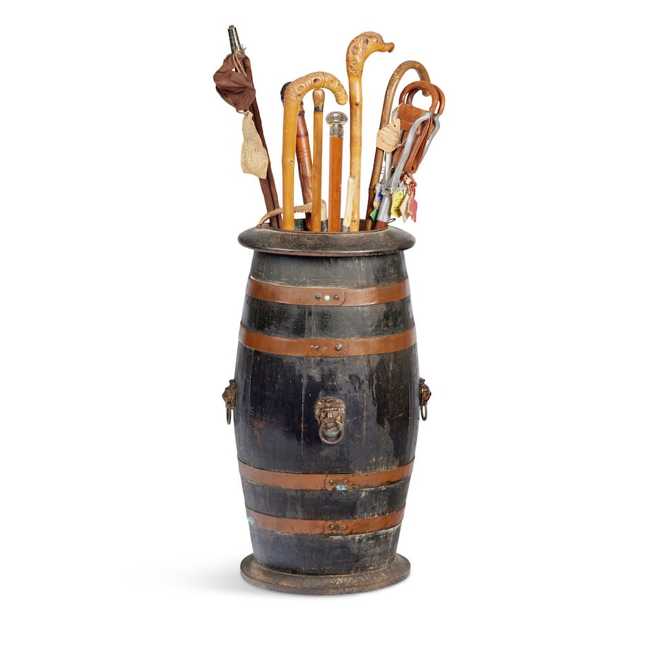 A late 19th century oak and brass bound stick stand and contents (qty) (1 of 5)