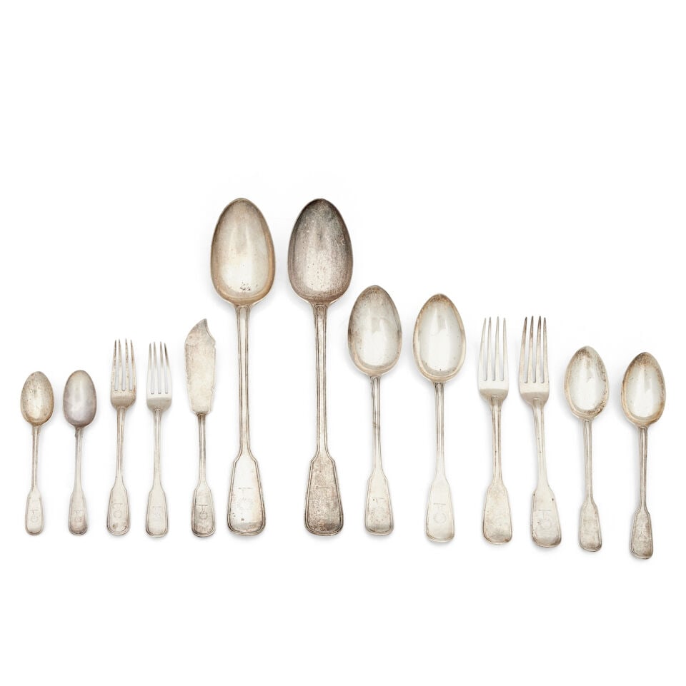 A collection of Victorian fiddle and thread pattern flatware By George Richards Elkington, Londo...: A collection of Victorian fiddle and thread pattern flatware By George Richards Elkington, London, 1862 Comprising twelve table spoons, twelve table forks, Two serving spoons, five dessert spoons, twe