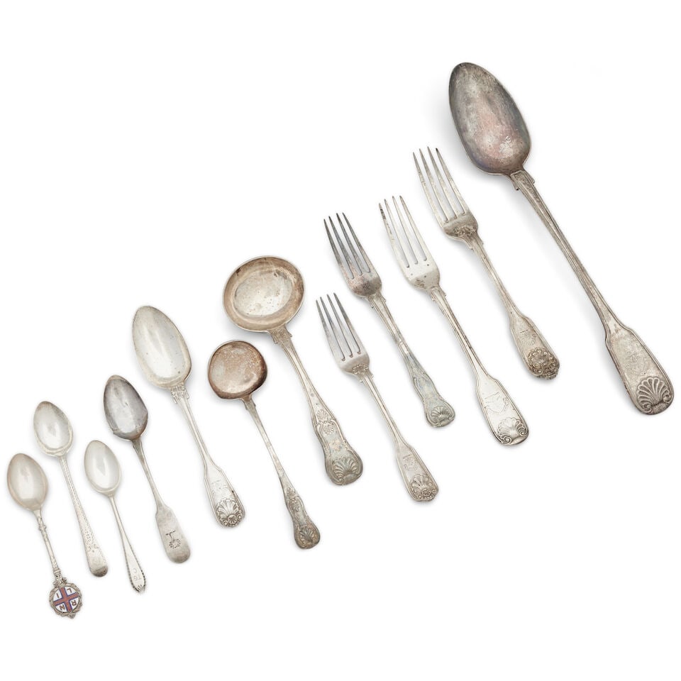 A collection of Georgian and Victorian flatware various makers and dates: A collection of Georgian and Victorian flatware various makers and dates Including six fiddle, thread and shell dessert spoons and six dessert forks by William Theobalds & Robert Metcalfe Atkinson, Lo