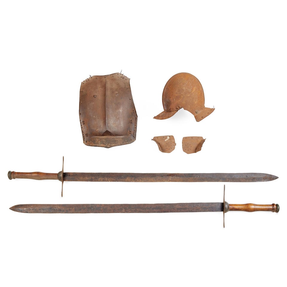 A pair of 19th century replica claymores: A pair of 19th century replica claymores Each with turned wooden handles, 155cm long overall, the blades 126cm long, together with a 19th century breast plate, and a 19th century burgonet in the 16th