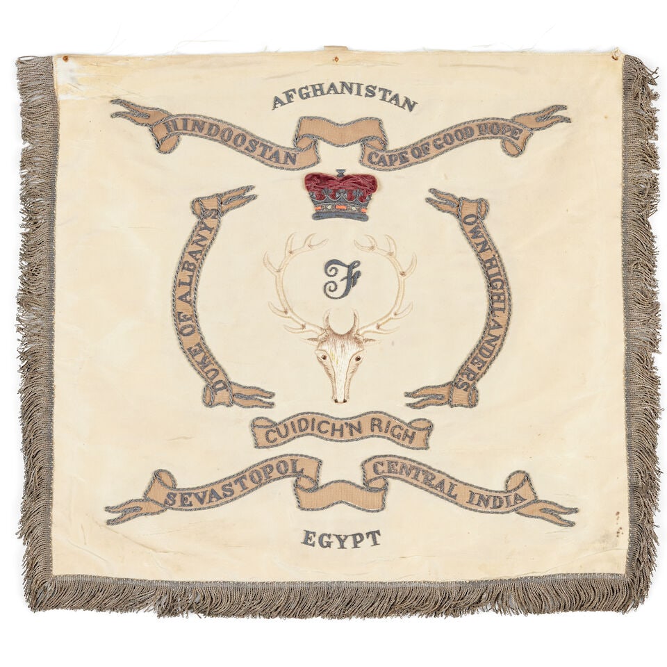 A military banner or piper banner for the 72nd of Foot the Duke of Albany Own Highlanders late 1...: A military banner or piper banner for the 72nd of Foot the Duke of Albany Own Highlanders late 19th early 20th century The cream silk, worked on both side with regimental devices and battle honours,