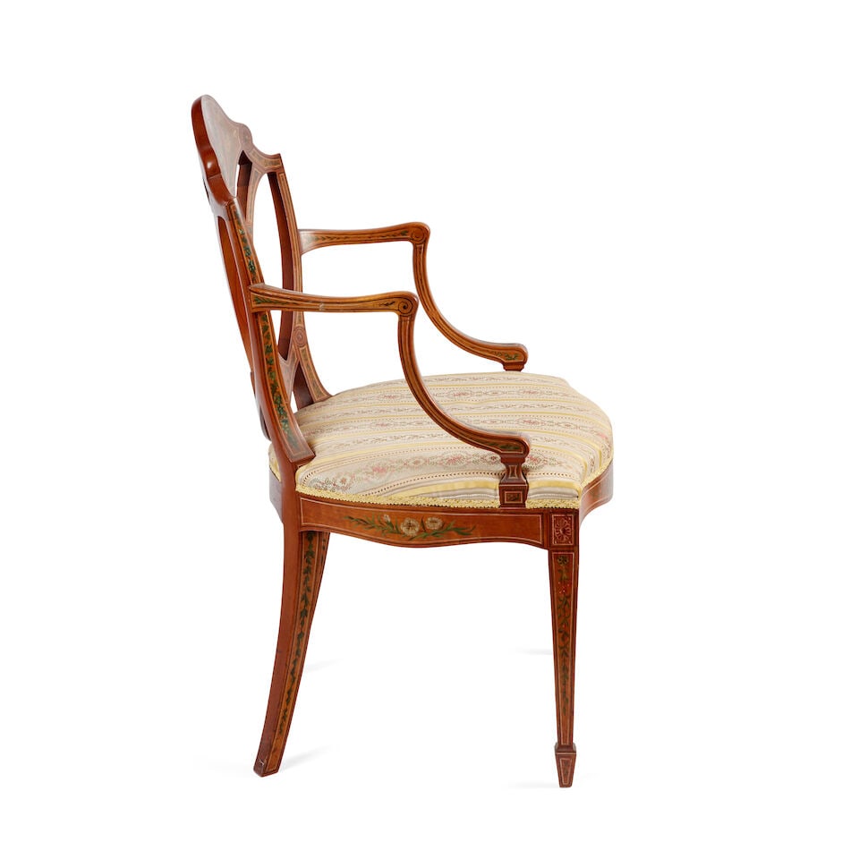 A Sheraton revival satinwood and polychrome decorated armchair, late 19th/early 20th century - 2