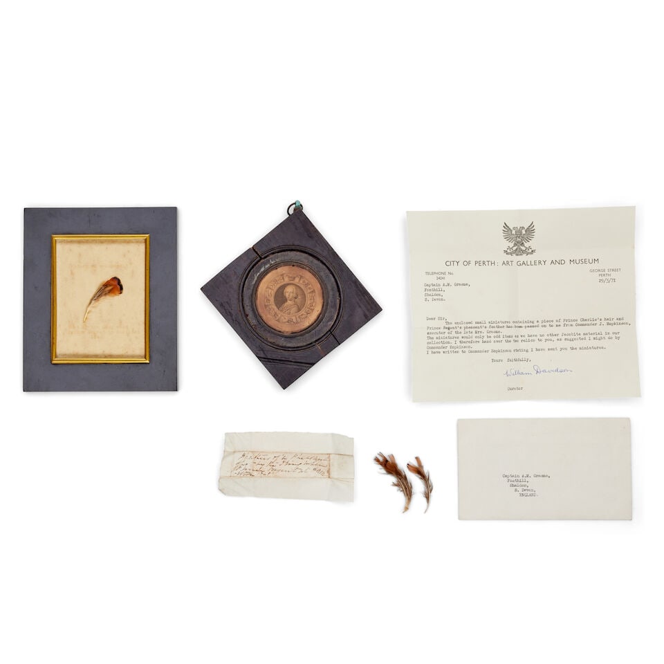 Of Jacobite interest: A frame pheasant feather (3): Of Jacobite interest: A frame pheasant feather Contained within an ebonised frame, with gilt slip, the backing paper inscribed in type 'Feather of Pheasant shot by the King when Prince Regent at Hamil