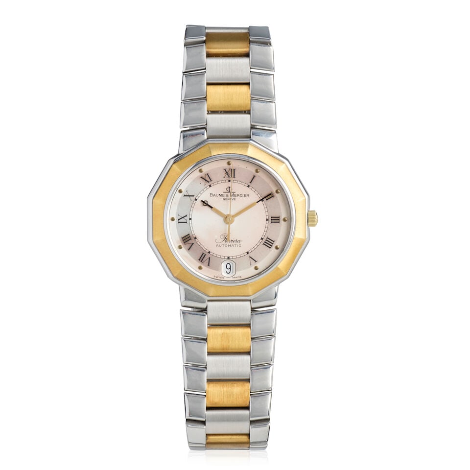Baume & Mercier. A stainless steel and gold automatic calendar bracelet watch Riviera, Ref: 313...: Baume & Mercier. A stainless steel and gold automatic calendar bracelet watch Model: Riviera Reference: 3131 Date: Circa 1995 Movement: Jewelled automatic Dial: Silvered Case: Brushed and polished rou