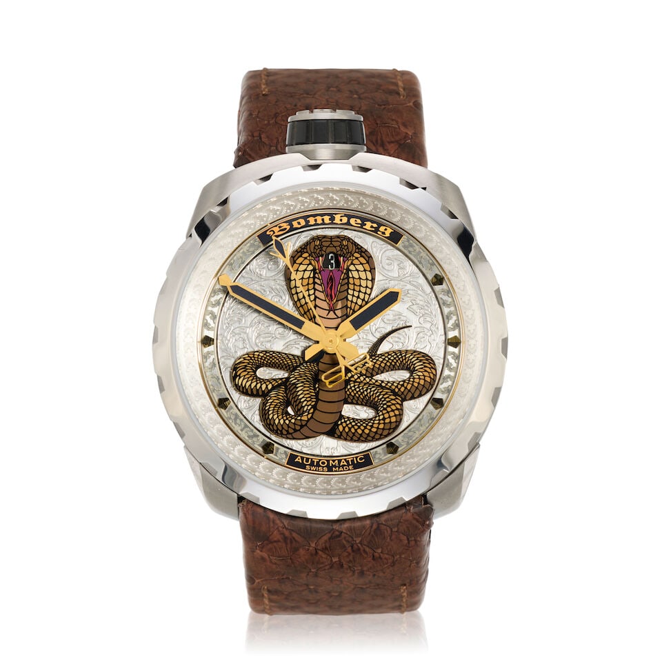 Bomberg. A Limited Edition stainless steel automatic calendar convertible wristwatch/ pocket wat...: Bomberg. A Limited Edition stainless steel automatic calendar convertible wristwatch/ pocket watch Model: Bolt-68 Cobra, No.241/250 Reference: BS45ASS Date: Circa 2018 Movement: Jewelled