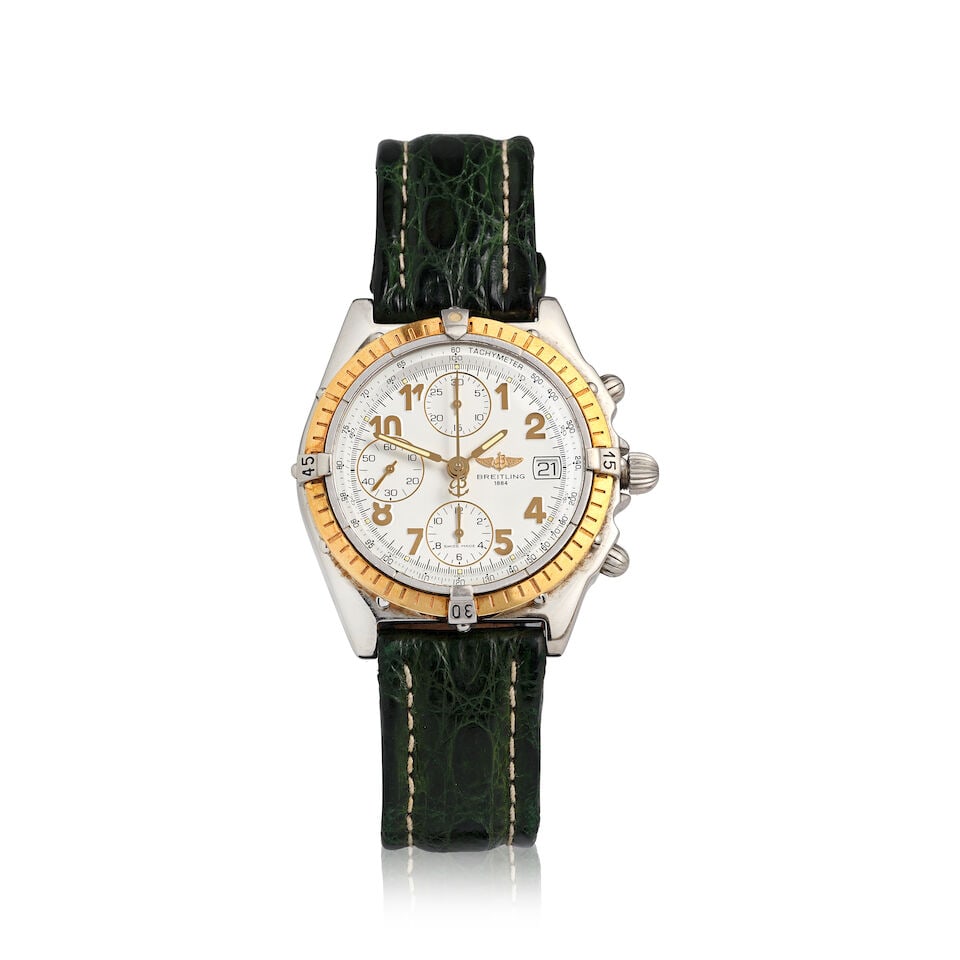 Breitling. A stainless steel and gold automatic calendar wristwatch Chronomat , Ref: D13050.1,...: Breitling. A stainless steel and gold automatic calendar wristwatch Model: Chronomat Reference: D13050.1 Date: Circa 1990 Movement: 25-jewel ETA Cal.7750 automatic Dial: White Case: Polished tonneau
