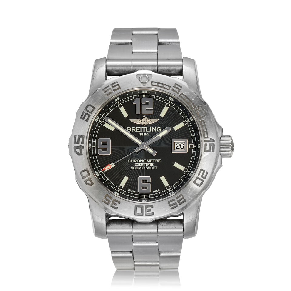 Breitling. A stainless steel quartz calendar Colt 44, Ref: A7438710/BB50, Purchased 18th Decemb...: Breitling. A stainless steel quartz calendar Model: Colt 44 Reference: A7438710/BB50 Date: Purchased 18th December 2012 Movement: Jewelled quartz Dial: Grey Case: Brushed and polished round,
