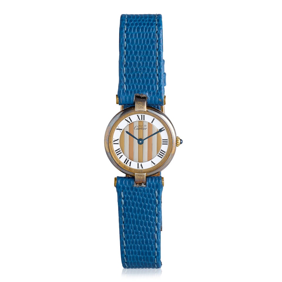 Cartier. A lady's gold plated silver quartz wristwatch Must de Vendome, Circa 1990: Cartier. A lady's gold plated silver quartz wristwatch Model: Must de Vendome Date: Circa 1990 Movement: Jewelled Cal.81 quartz Dial: White with tri-colour centre Case: Polished round, No.159211 Strap