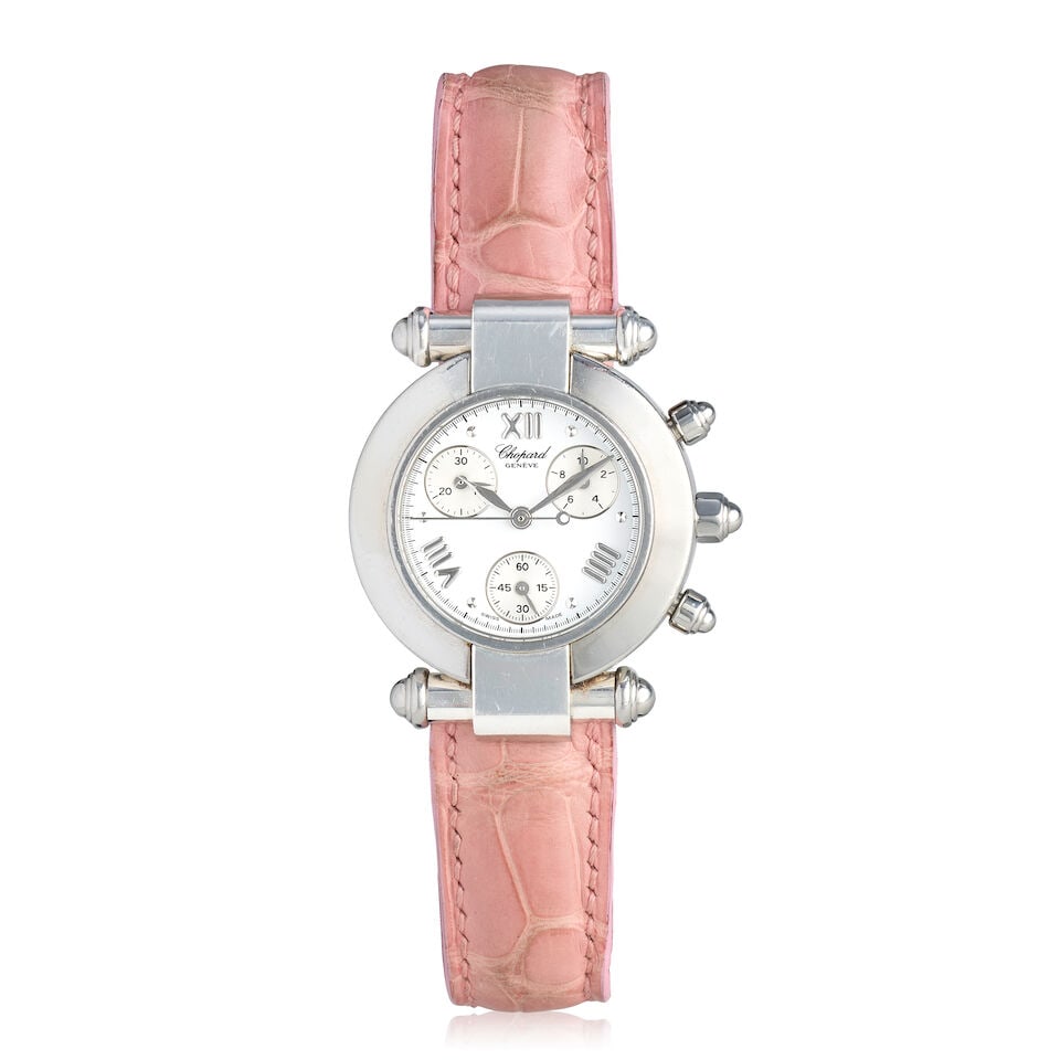 Chopard. A lady's stainless steel quartz chronograph wristwatch Imperiale, Ref: 38/8378, Circa ...: Chopard. A lady's stainless steel quartz chronograph wristwatch Model: Imperiale Reference: 38/8378 Date: Circa 2000 Movement: 23-jewel ETA Cal.251.471 quartz Dial: White Case: Brushed and polished