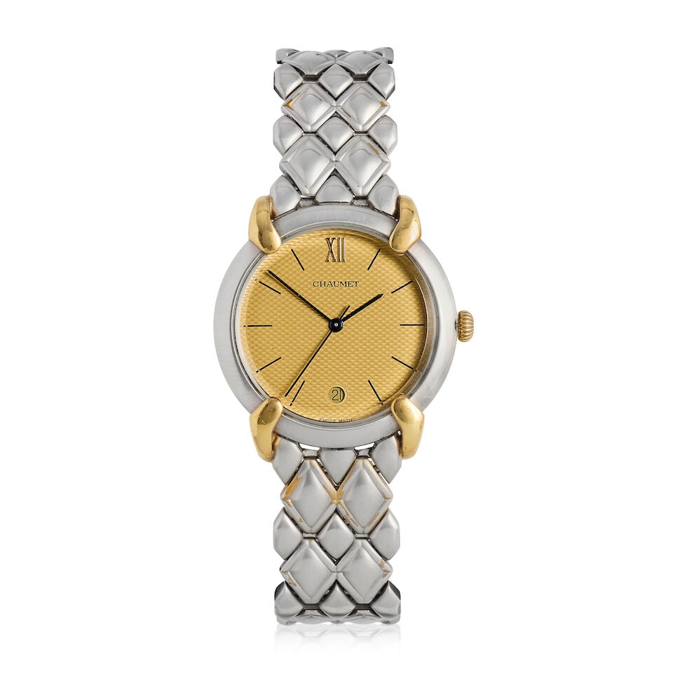 Chaumet. A stainless steel and gold quartz calendar bracelet watch Élysées , Circa 1989: Chaumet. A stainless steel and gold quartz calendar bracelet watch Model: Élysées Date: Circa 1989 Movement: 7-jewel ETA Cal.955.414 quartz Dial: Textured champagne Case: Brushed and