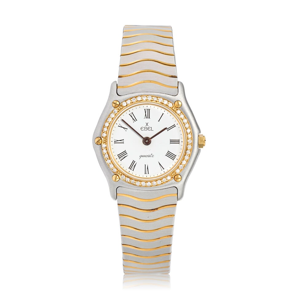 Ebel. A lady's stainless steel and diamond set quartz bracelet watch Circa 1990: Ebel. A lady's stainless steel and diamond set quartz bracelet watch Date: Circa 1990 Movement: Jewelled quartz Dial: White Case: Brushed hexagonal form, diamond set bezel, No.181908 Strap/Bracelet: