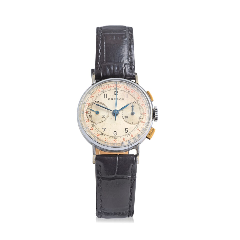 Eresco. A stainless steel manual wind chronograph wristwatch Circa 1940: Eresco. A stainless steel manual wind chronograph wristwatch Date: Circa 1940 Movement: Jewelled manual wind Dial: Silvered Case: Polished round Strap/Bracelet: Associated non-Eresco black