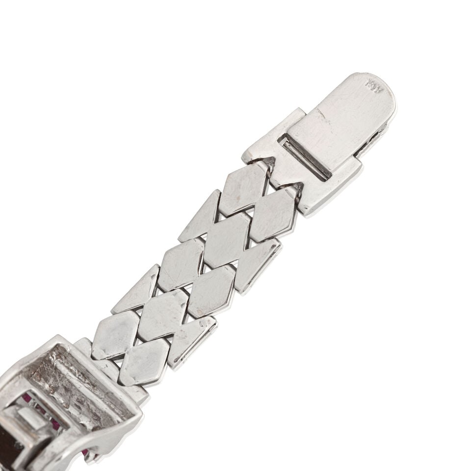 Emil Leichter. A lady's 14K white gold diamond and ruby set manual wind bracelet watch with conc... - 2