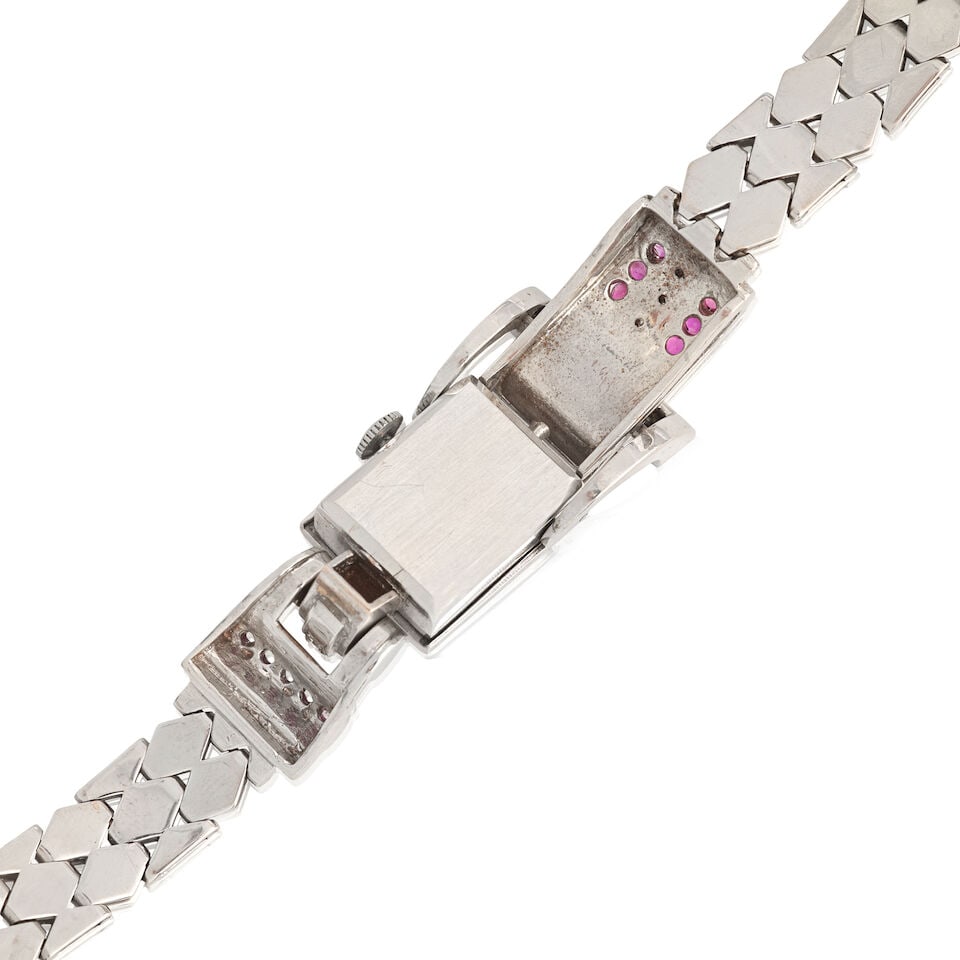 Emil Leichter. A lady's 14K white gold diamond and ruby set manual wind bracelet watch with conc... - 3
