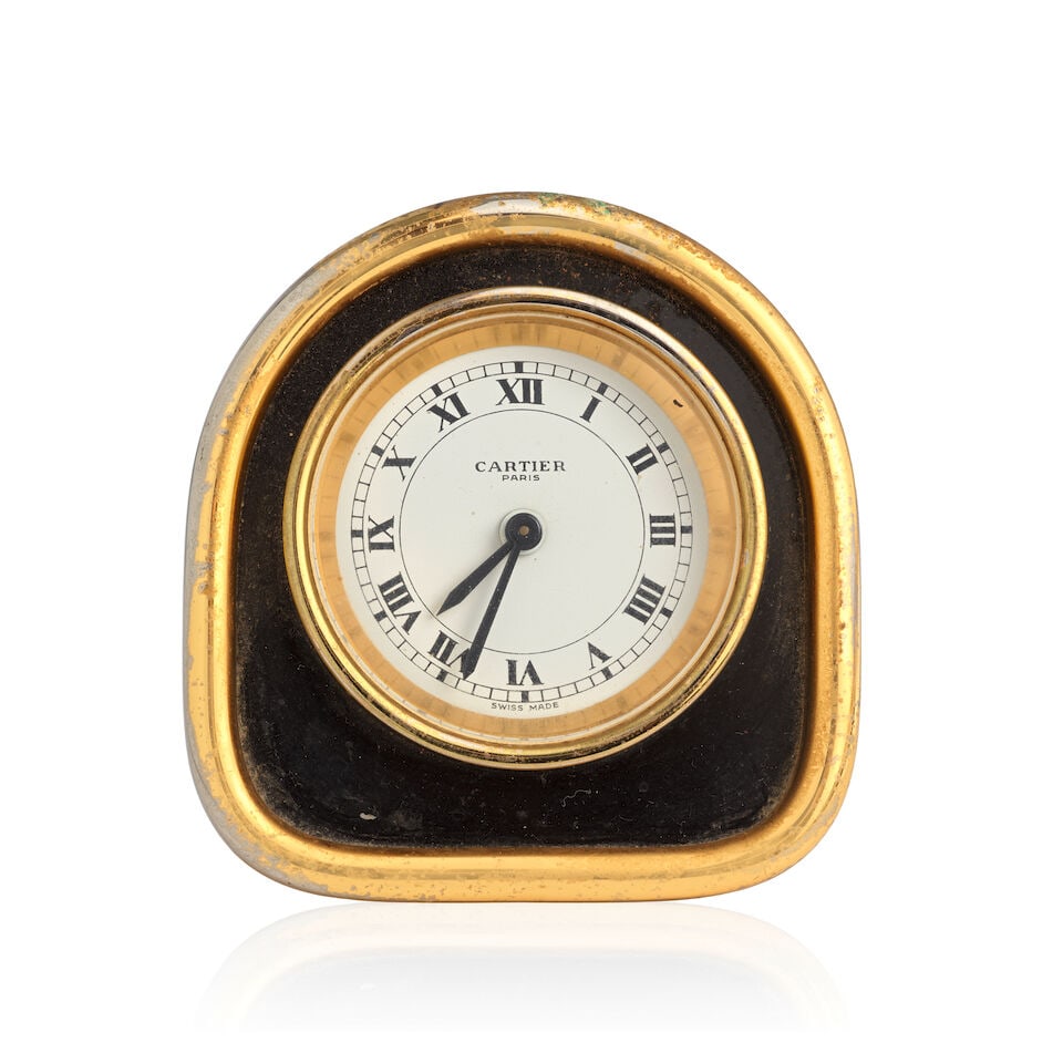 Cartier. A gilt brass manual wind desk clock with alarm Ref: 7504, Circa 1980 (1 of 2)