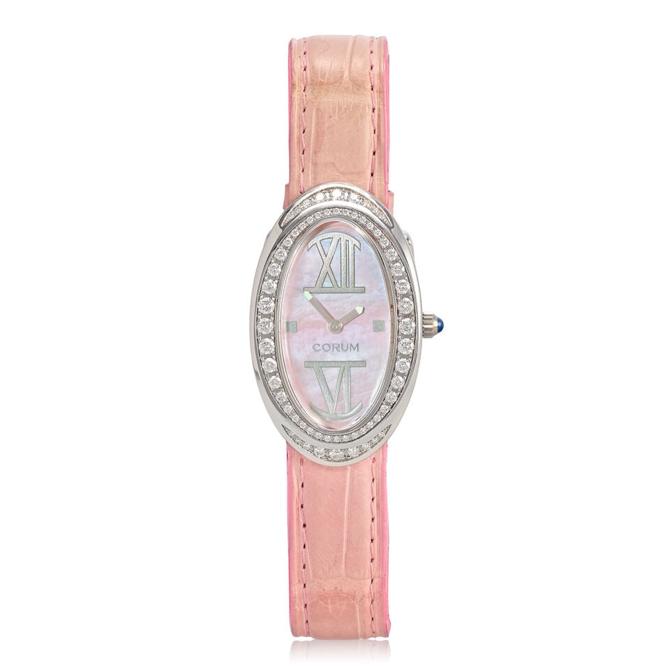 Corum. A lady's stainless steel diamond set quartz wristwatch with Mother of Pearl dial Ovale, ...: Corum. A lady's stainless steel diamond set quartz wristwatch with Mother of Pearl dial Model: Ovale Reference: 13741047 Date: Circa 2010 Movement: 5-jewel ETA quartz Dial: Pink Mother of Pearl Case: 