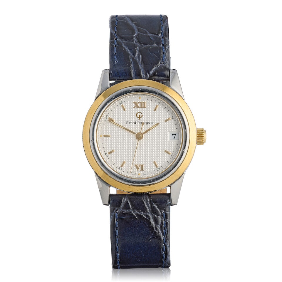 Girard-Perregaux. A stainless steel and gold automatic calendar wristwatch GP 90, Ref: 1100, Ci...: Girard-Perregaux. A stainless steel and gold automatic calendar wristwatch Model: GP 90 Reference: 1100 Date: Circa 2002 Movement: Jewelled automatic Dial: Textured silvered Case: Polished round, No.B