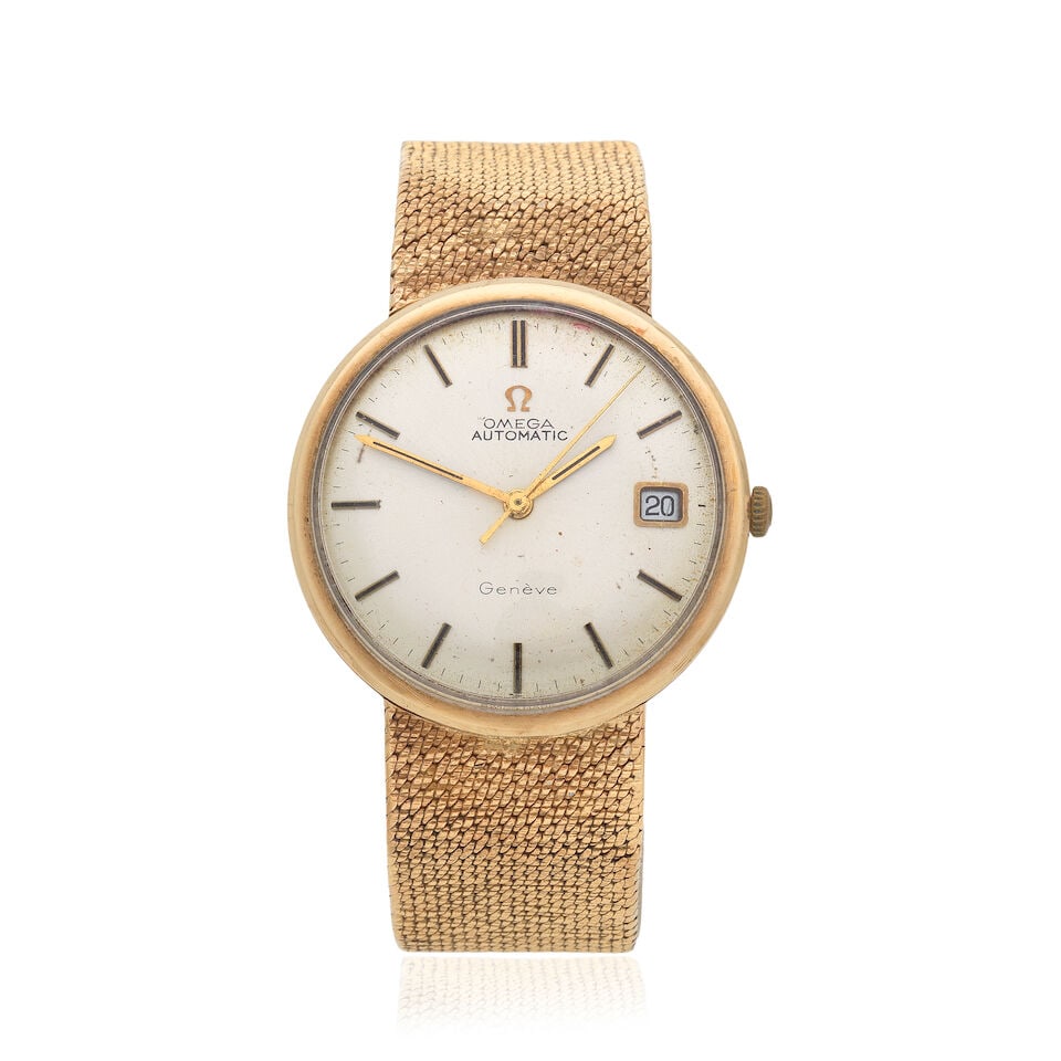 Omega. A 9K gold automatic calendar bracelet watch London Hallmark for 1971: Omega. A 9K gold automatic calendar bracelet watch Date: London Hallmark for 1971 Movement: 24-jewel Cal.565 automatic, No.31170115 Dial: Sunburst silvered Case: Polished round, No.361/254