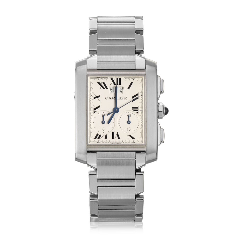 Cartier. A stainless steel quartz calendar chronograph bracelet watch Tank Française Chron...: Cartier. A stainless steel quartz calendar chronograph bracelet watch Model: Tank Française Chronoflex Reference: 2653 Date: Circa 2006 Movement: 25-jewel Cal.222 quartz Dial: White Case: