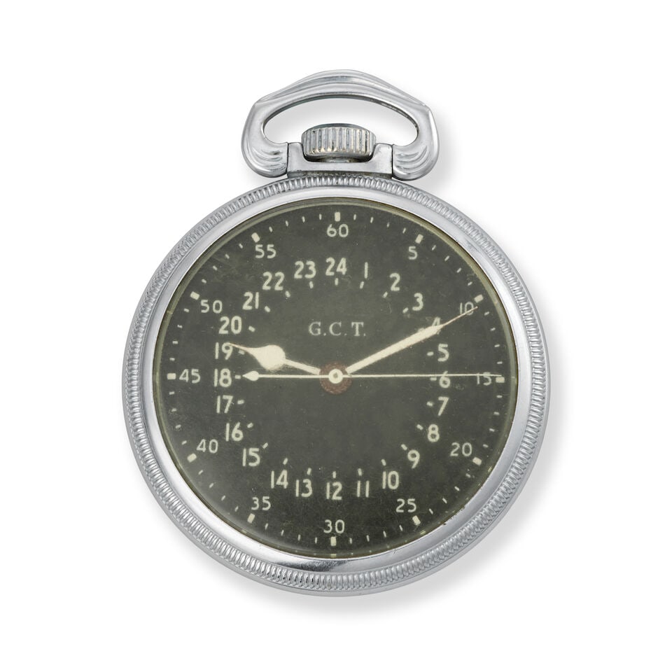 Hamilton. A chrome plated keyless wind military issue open face pocket watch Circa 1940: Hamilton. A chrome plated keyless wind military issue open face pocket watch Date: Circa 1940 Movement: 22-jewel Cal.4992B manual wind, No.4044980 Dial: Black, signed G.C.T. Case: Polished round, No.7