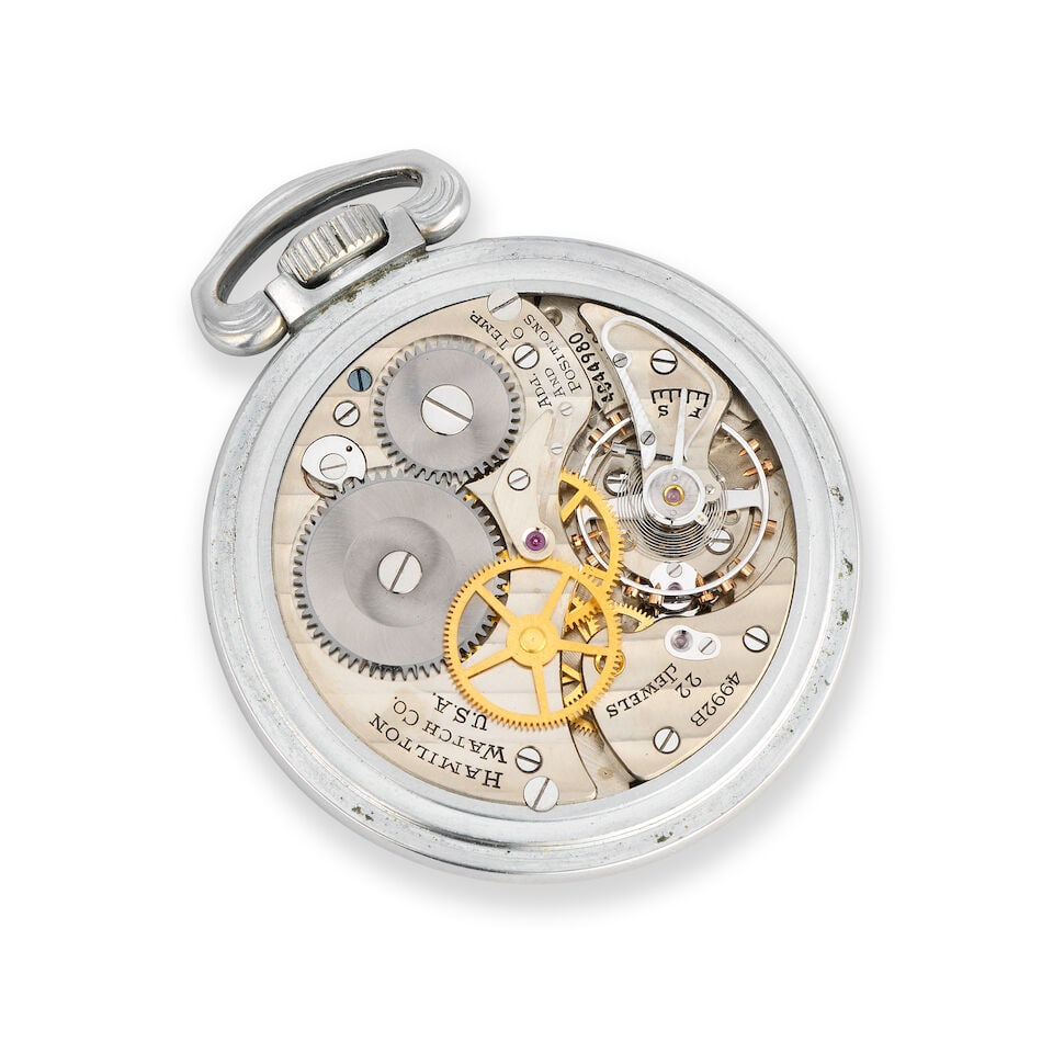 Hamilton. A chrome plated keyless wind military issue open face pocket watch Circa 1940 - 2