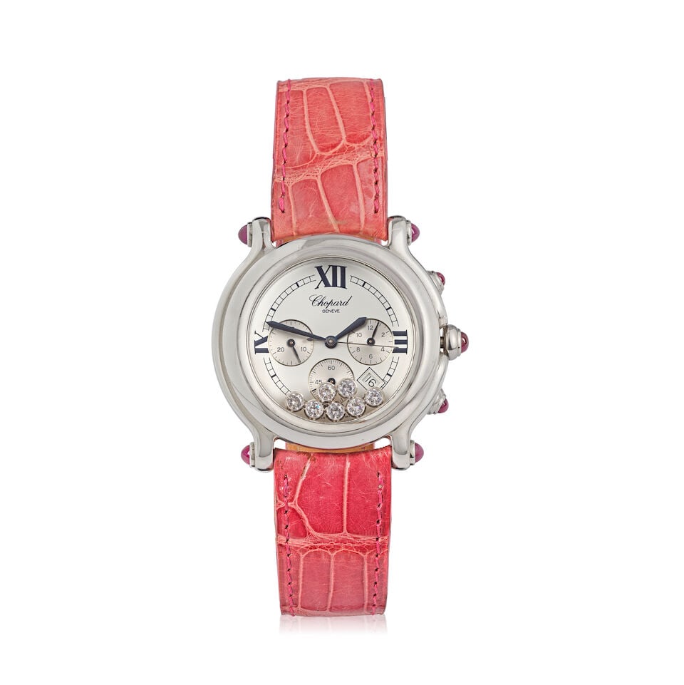 Chopard. A lady's stainless steel quartz chronograph calendar wristwatch Happy Sport, Ref: 28/8...: Chopard. A lady's stainless steel quartz chronograph calendar wristwatch Model: Happy Sport Reference: 28/8267-21 Date: Circa 2010 Movement: 25-jewel Cal.1137 quartz, No.2836652 Dial: Silvered, 7