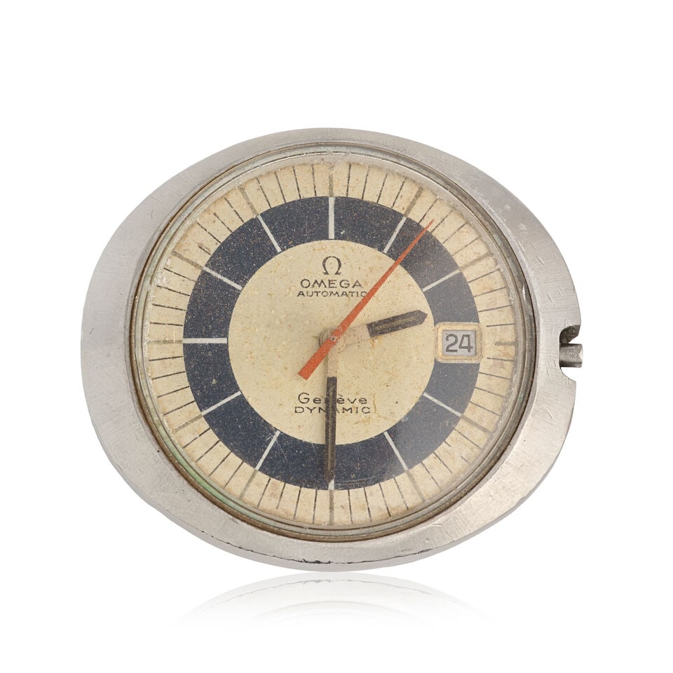 Omega. A stainless steel automatic calendar wristwatch Dynamic, Circa 1970: Omega. A stainless steel automatic calendar wristwatch Model: Dynamic Date: Circa 1970 Movement: Jewelled automatic Dial: Silvered Case: Brushed and polished oval form Signed: Case, dial &