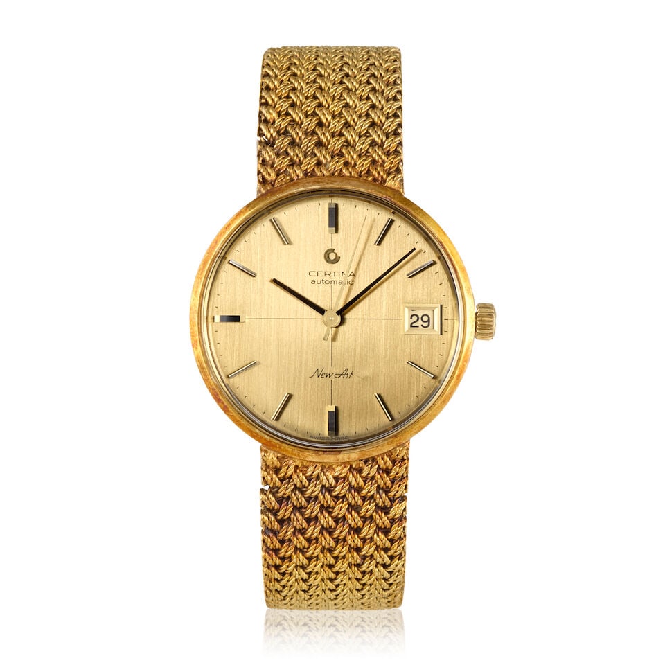 Certina. An 14K gold automatic calendar bracelet watch New Art, Circa 1970: Certina. An 14K gold automatic calendar bracelet watch Model: New Art Date: Circa 1970 Movement: Jewelled automatic Dial: Brushed champagne, baton hour markers Case: Polished round,