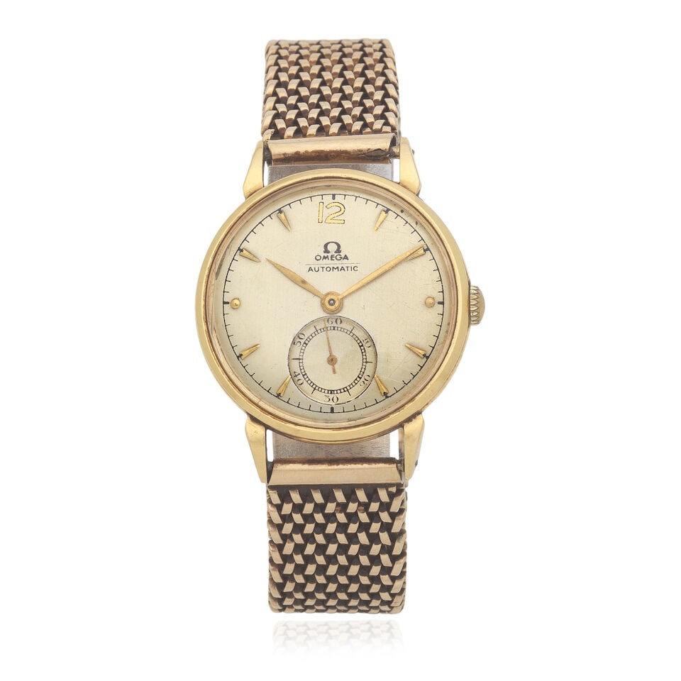 Omega. An 18K gold automatic bracelet watch Circa 1947: Omega. An 18K gold automatic bracelet watch Date: Circa 1947 Movement: 17-jewel Cal.342 automatic, No.11420215 Dial: Champagne Case: Polished round Strap/Bracelet: Associated non-Omega 9K gold