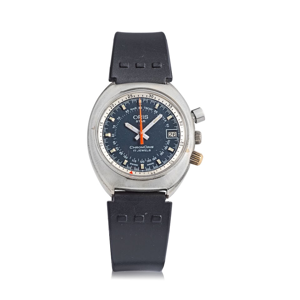 Oris. A stainless steel manual wind chronograph calendar wristwatch ChronOris , Circa 1970: Oris. A stainless steel manual wind chronograph calendar wristwatch Model: ChronOris Date: Circa 1970 Movement: 17-jewel Cal.725 manual wind Dial: Dark blue Case: Polished tonneau