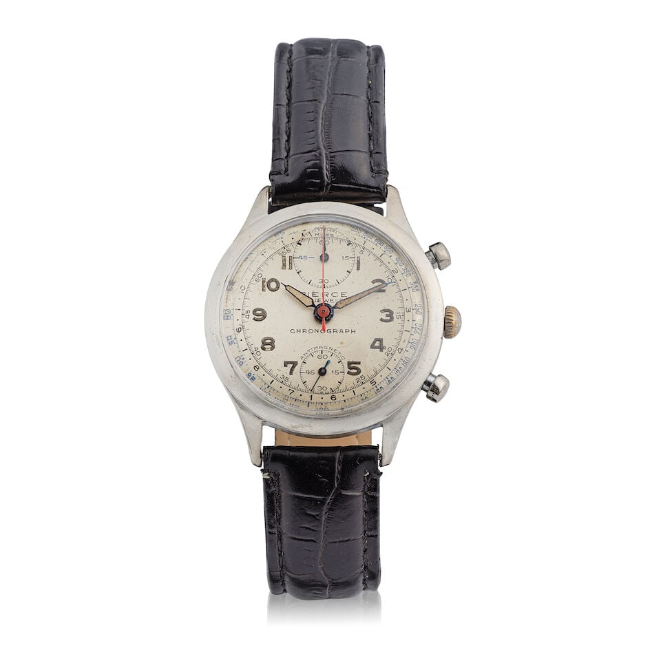 Pierce. A stainless steel manual wind chronograph wristwatch Circa 1940: Pierce. A stainless steel manual wind chronograph wristwatch Date: Circa 1940 Movement: 17-jewel Cal.134 manual wind Dial: Silvered Case: Polished round, No.371232 Strap/Bracelet: Associated non-Pierc