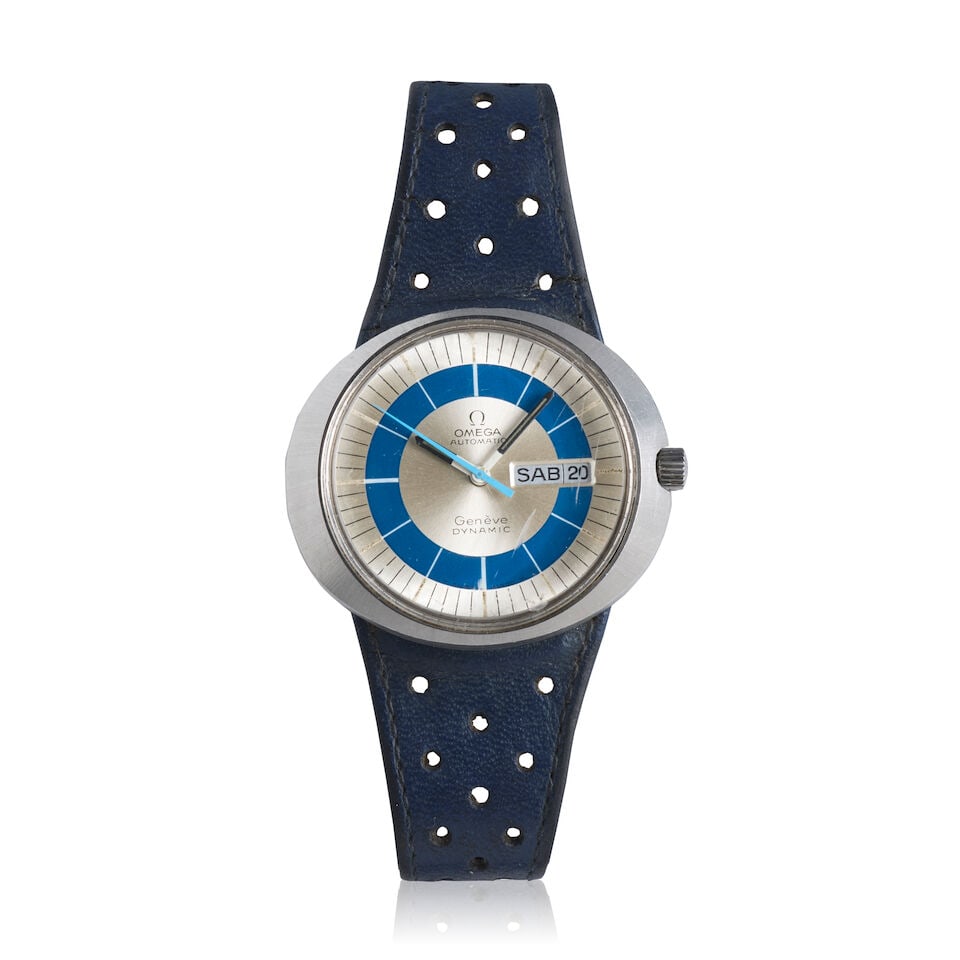 Omega. A stainless steel automatic calendar wristwatch Dynamic, Circa 1970: Omega. A stainless steel automatic calendar wristwatch Model: Dynamic Date: Circa 1970 Movement: Jewelled automatic Dial: Sunburst silvered, Spanish day and date aperture at 3 Case: Brushed and polish