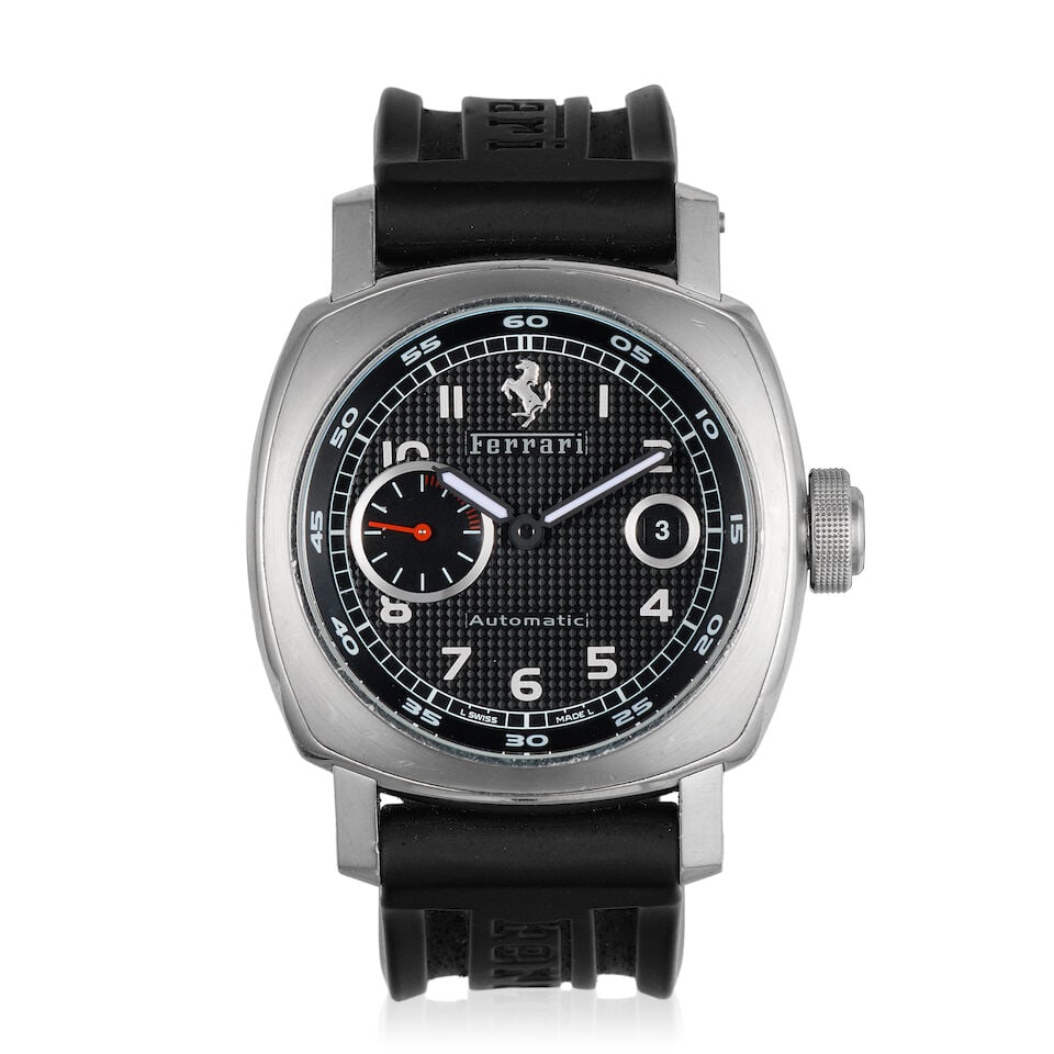 Panerai for Ferrari. A stainless steel automatic calendar wristwatch Granturismo , Purchased 20...: Panerai for Ferrari. A stainless steel automatic calendar wristwatch Model: Granturismo Date: Purchased 20th March 2006 Movement: Jewelled automatic Dial: Textured black Case: Brushed and polished