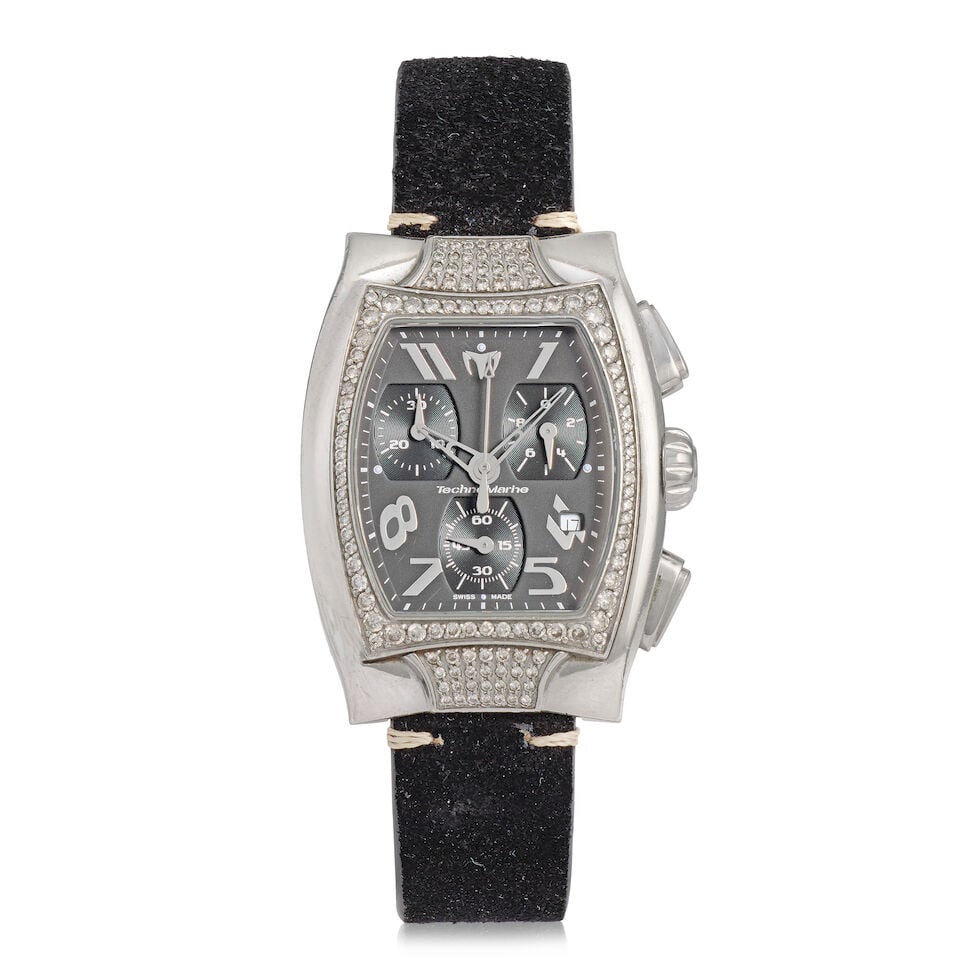 TechnoMarine. A stainless steel diamond set quartz chronograph calendar wristwatch Purchased 25t...: TechnoMarine. A stainless steel diamond set quartz chronograph calendar wristwatch Date: Purchased 25th July 2003 Movement: 23-jewel ETA Cal.251.471 quartz Dial: Black Case: Brushed and polished