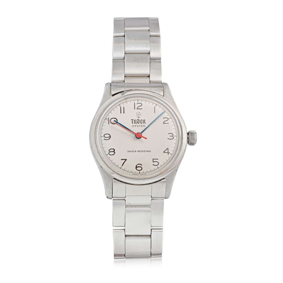 Tudor. A stainless steel manual wind bracelet watch Oyster, Ref: 4463, Circa 1950: Tudor. A stainless steel manual wind bracelet watch Model: Oyster Reference: 4463 Date: Circa 1950 Movement: 17-jewel Cal.59 manual wind Dial: Silvered Case: Polished round, No.366938 Strap/Bracelet: