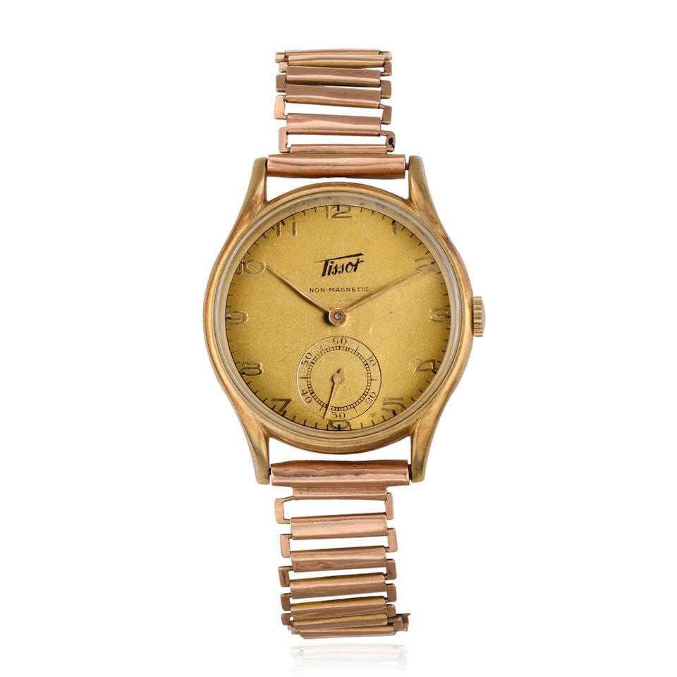Tissot. A 14K gold manual wind bracelet watch Circa 1940: Tissot. A 14K gold manual wind bracelet watch Date: Circa 1940 Movement: Jewelled manual wind, No. 1680296 Dial: Champagne, subsidiary seconds at 6 Case: Polished round, No.1538636, personal