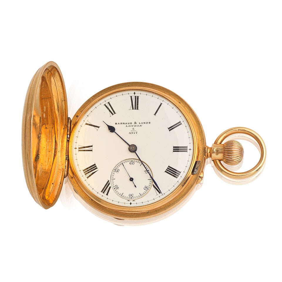 Barraud & Lunds, London. An 18K gold keyless wind full hunter pocket watch London Hallmark for 1...: Barraud & Lunds, London. An 18K gold keyless wind full hunter pocket watch Date: London Hallmark for 1902, No.3 4917 Movement: Gilt 3/4 plate English lever, No.3 4917 Dial: White Case: Polished round,