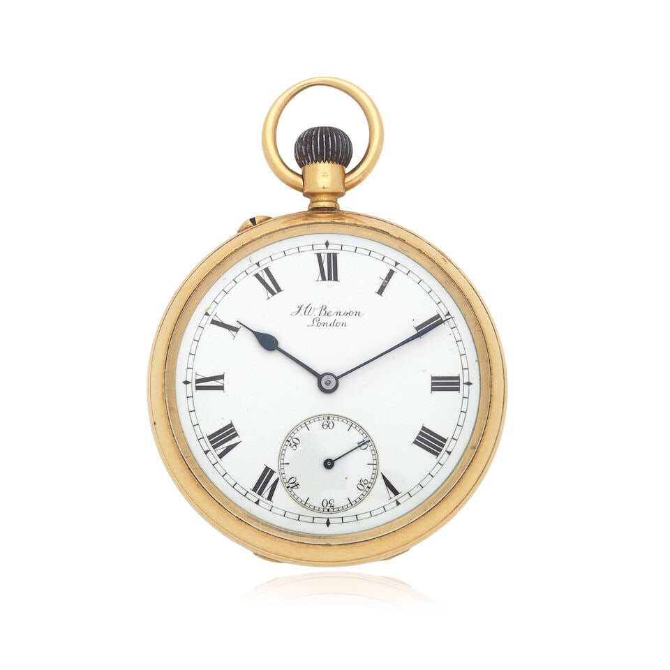 J.W.Benson, 62&64 Ludgate Hill, London. An 18K gold open face keyless wind pocket watch London H...: J.W.Benson, 62&64 Ludgate Hill, London. An 18K gold open face keyless wind pocket watch Date: London Hallmark for 1906 Movement: Gilt 3/4 plate, English lever, No.1640 Dial: White Case: Polished round