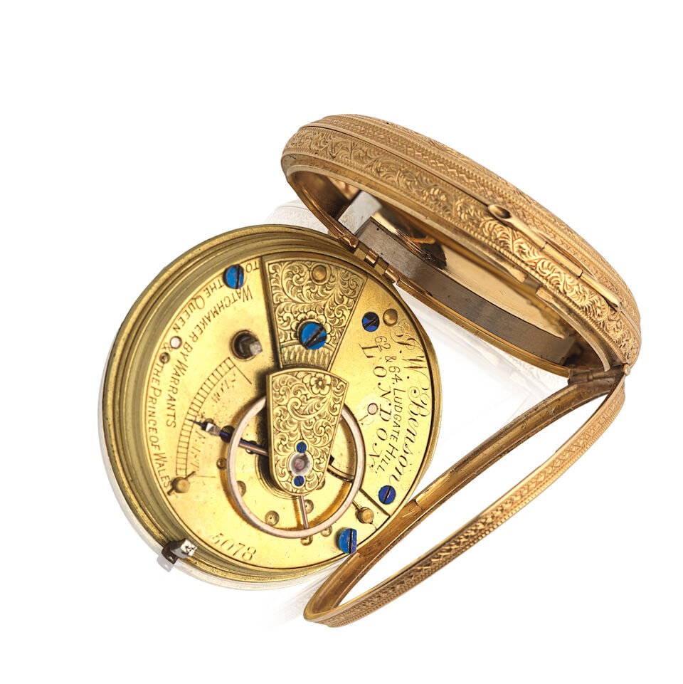 J.W.Benson. An 18K gold key wind open face pocket watch London Hallmark for 1881 - 3