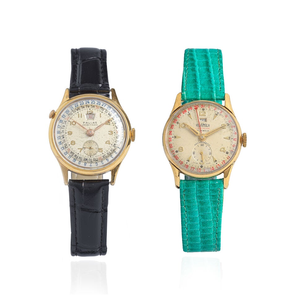 A lot of two gold plated manual wind wristwatches (2) Various dates: A lot of two gold plated manual wind wristwatches (2) Comprising of: Pallas. A gold plated manual wind triple calendar wristwatch, 34mm Roamer. A gold plated manual wind calendar wristwatch,