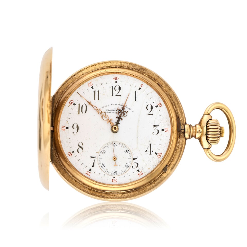 A. Lange & Söhne. A 14K gold keyless wind full hunter pocket watch Circa 1930: A. Lange & Söhne. A 14K gold keyless wind full hunter pocket watch Date: Circa 1930 Movement: Swiss lever, swan neck regulation, No.38988 Dial: White Case: Polished hinged, monogram to front, No.
