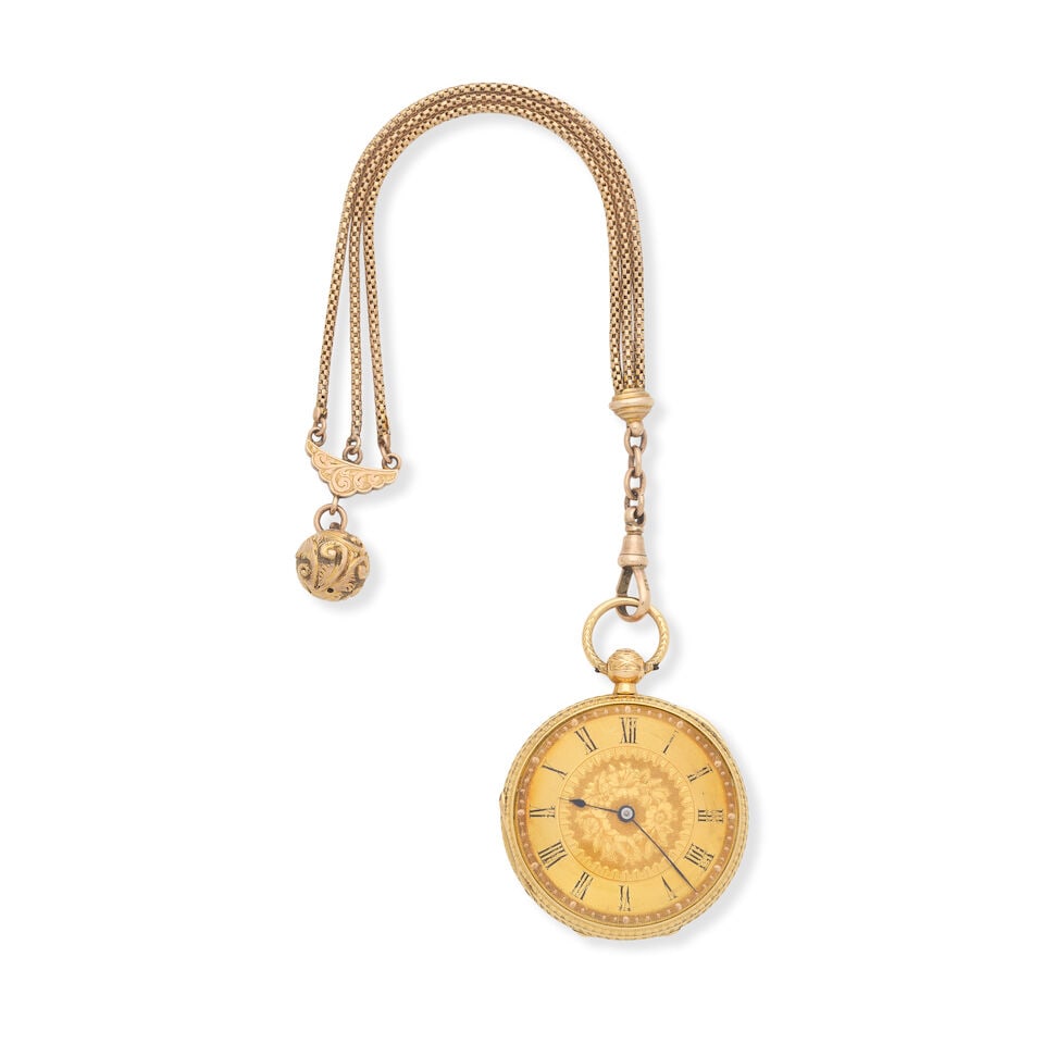 H.A.Portlock. An 18K gold key wind open face pocket watch with 9K gold chain London Hallmark for...: H.A.Portlock. An 18K gold key wind open face pocket watch with 9K gold chain Date: London Hallmark for 1877 Movement: Gilt 3/4 plate, English lever, No.1244 Dial: Champagne with foliate engraved centr