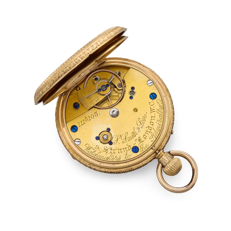 S.Smith & Son, 9 Strand, London. An 18K gold keyless wind open face pocket watchLondon Hallmark ... - 3