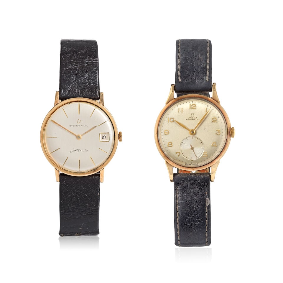 A lot of two gold watches (2) Various dates: A lot of two gold watches (2) Comprising of: Omega. A 9K gold bumper automatic wristwatch, 32mm Eterna-Matic. A continental gold manual wind wristwatch, 34mm Date: Various dates For further informatio