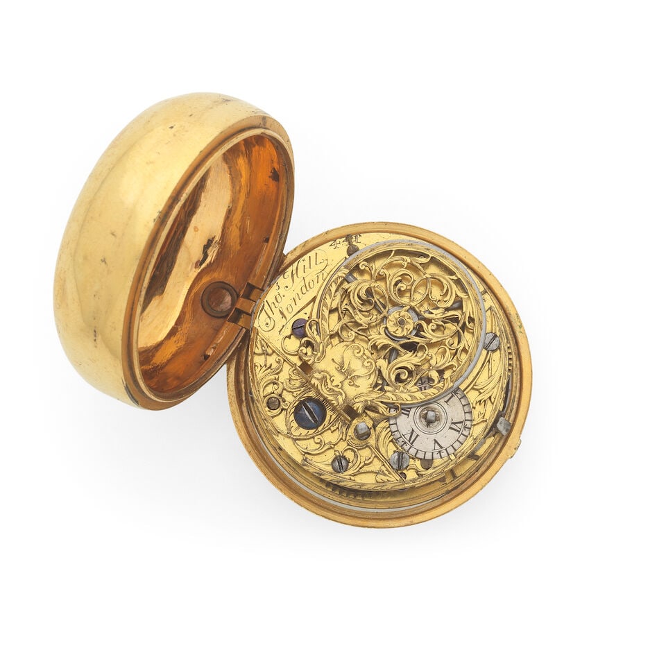 Thomas Hill, London. A gilt metal and underpainted horn key wind pair case pocket watch Circa 1780 - 4