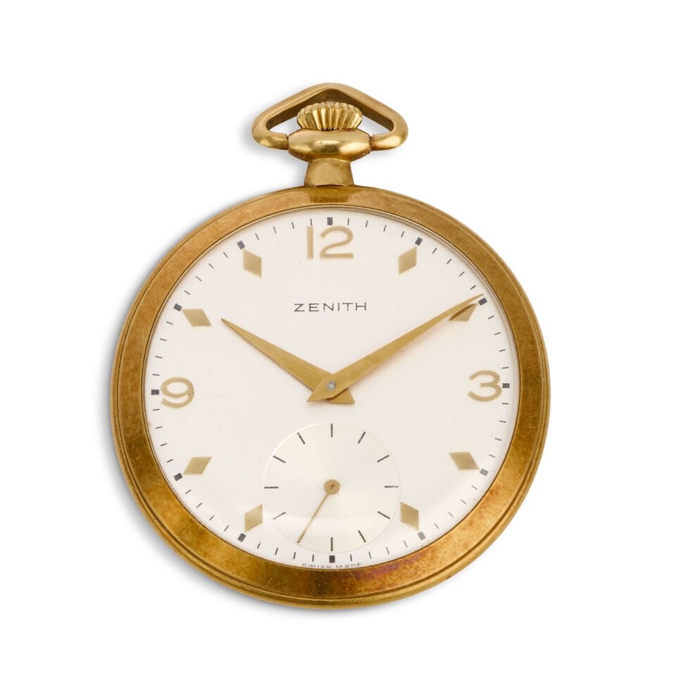 Zenith. An 18K gold keyless wind open face pocket watch London Hallmark for 1959: Zenith. An 18K gold keyless wind open face pocket watch Date: London Hallmark for 1959 Movement: Jewelled Cal.173 manual wind, No.4687271 Dial: Silvered Case: Polished round, No.32577 Signed: Dial & m